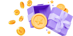 Illustration of a purple gift box with coins and stars floating around, representing bonuses or rewards.